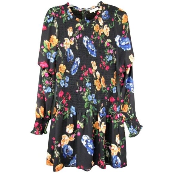 Parker Black Multicolor Floral Smocked Mini Dress Womens Size M Long Puff Sleeve - Picture 1 of 12